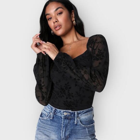 Lulus Regal Rendezvous Floral Bodysuit | Medium Black Mesh Long Sleeve Velvet - Picture 2 of 11